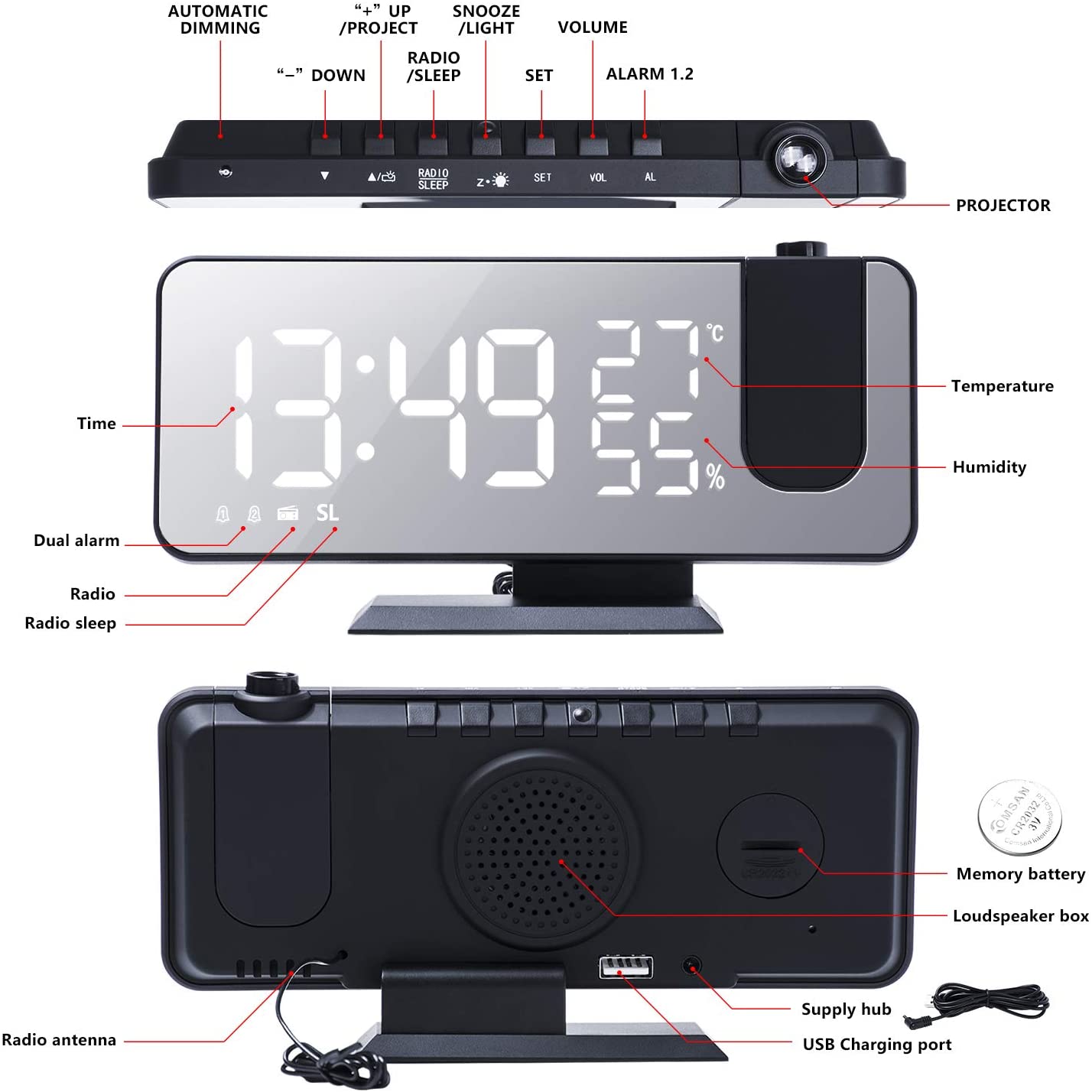 LED Projection Digital Alarm Clock Phone Charger - Christopher James LLC