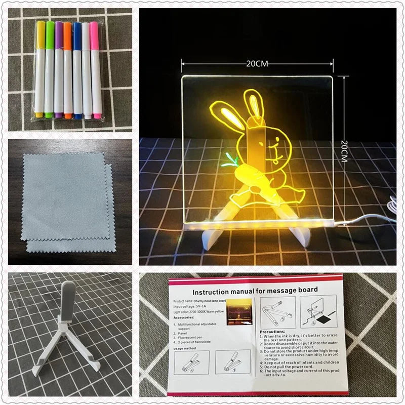 Luminous Acrylic Drawing Magic Led Transparent Board, Note Board,Kids DIY Educational Toys Gift,With Stand,With 7 Color Markers