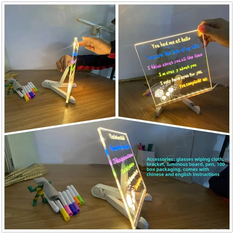 Luminous Acrylic Drawing Magic Led Transparent Board, Note Board,Kids DIY Educational Toys Gift,With Stand,With 7 Color Markers