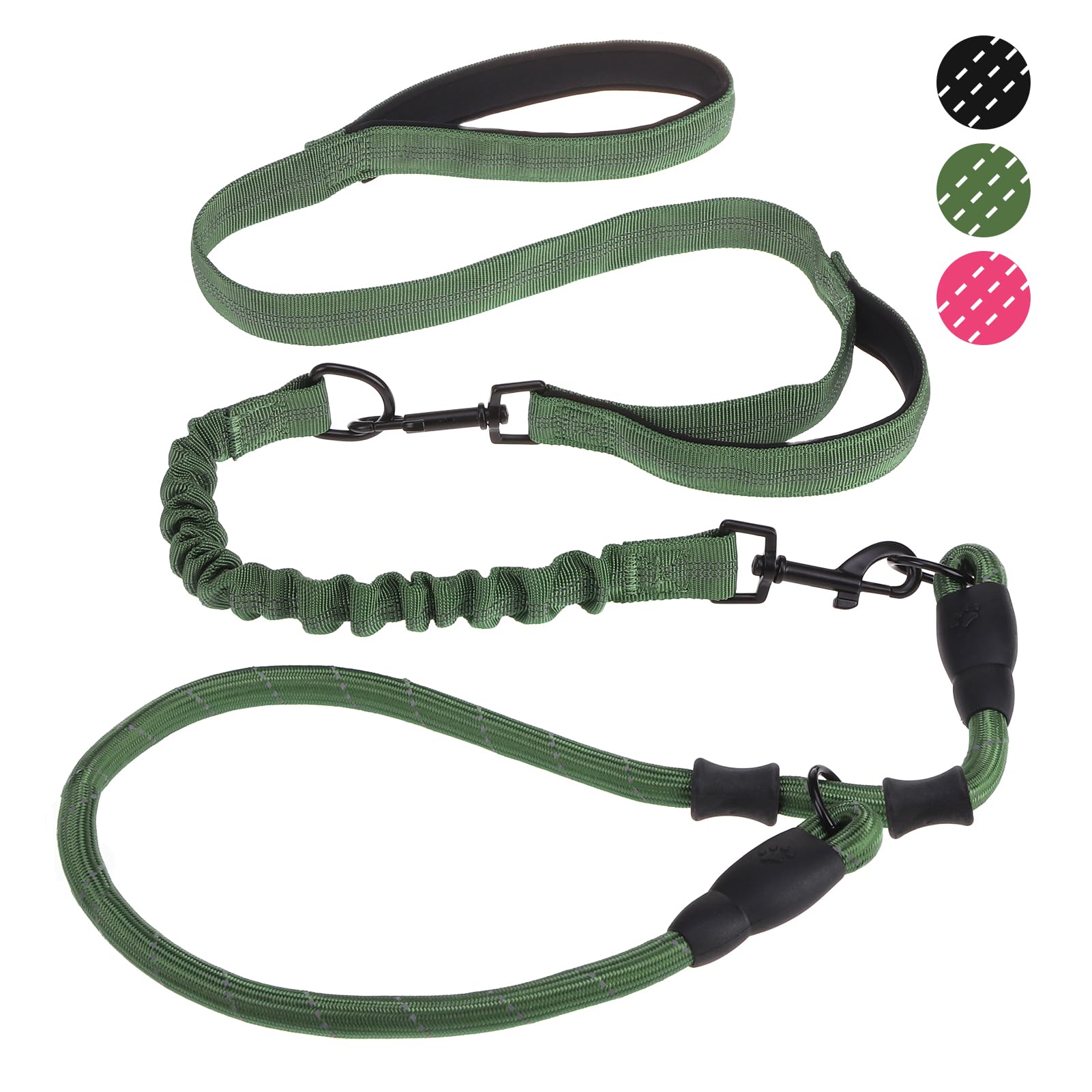 KOOLTAIL Heavy Duty Dog Leash | Reflective Ballistic Tactical Bungee Dog Leash with Dual Padded Handles for Training | Adjustable Removable Multiple Use Green Rope Dog Leash Lead for Medium Large Dogs