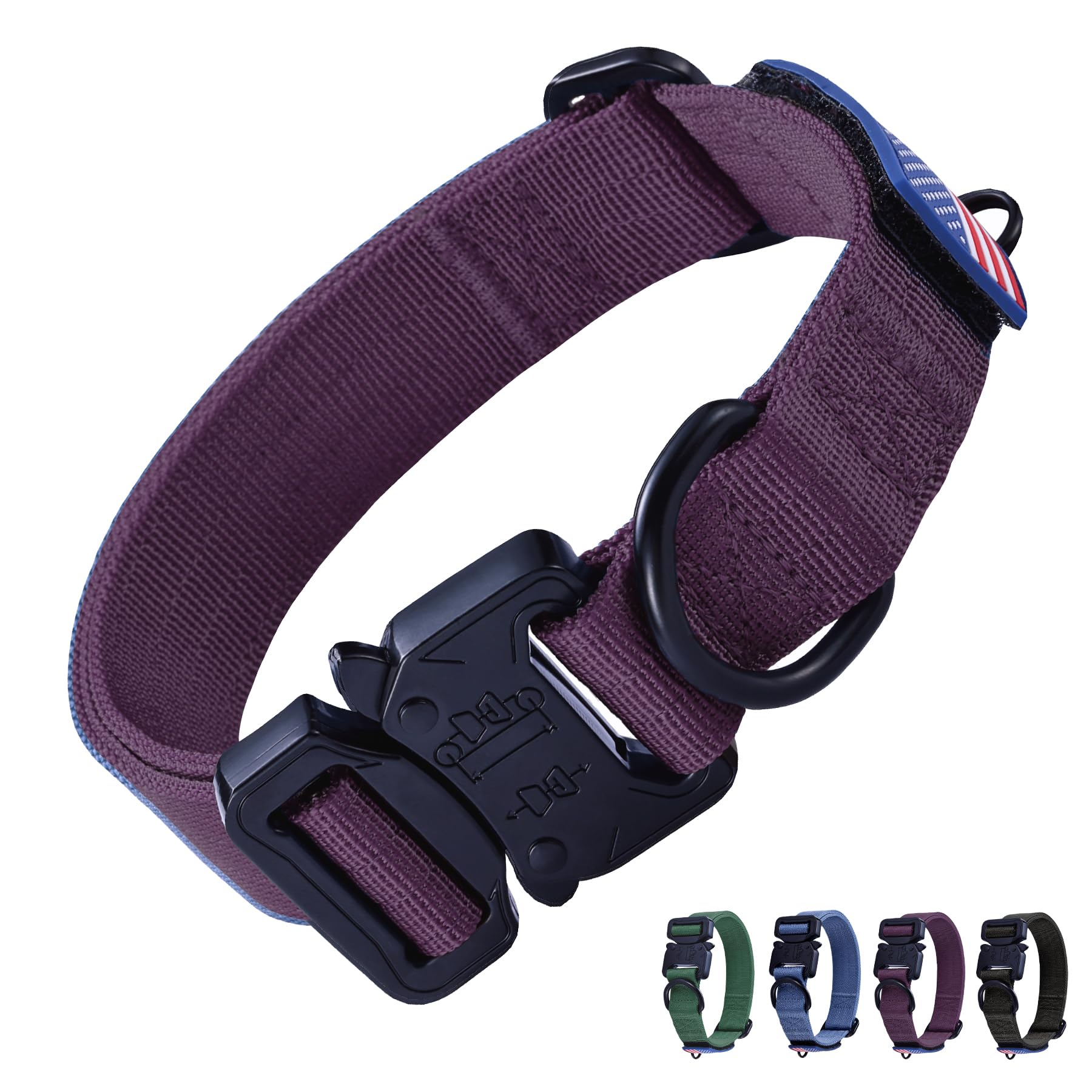 KCUCOP Heavy Duty Dog Collar - Adjustable Tactical Military Dog Collars with Metal Buckle Quick Release 2 D-Rings & Flag Patch for Medium & Large Dogs(Purple-M)