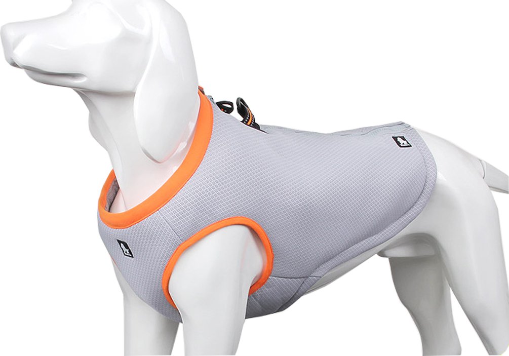 Gray dog sweater with orange trim on a mannequin against a white background
